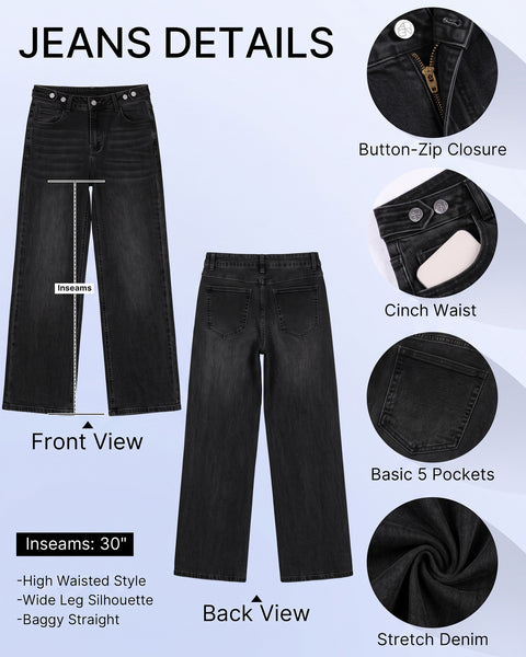 GRAPENT Jeans for Women Wide Leg High Rise Cinch-Waist Stretchy Denim Pants | High Waisted, Adjustable Waist, Full Length, 30'' Inseam, 90s Baggy Straight, Great for Everyday Wear, Dressy Casual Outifts