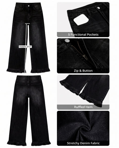 GRAPENT Wide Leg Jeans for Women Ruffle Hem High Waisted Ankle Denim Pants | Trendy Baggy Jeans, Stretch Denim, High Rise Fit, Cropped Jean Pants, 27.5 Inch Inseam, Flattering Ruffle Hem, Weekend Casual