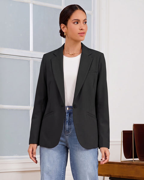 GRAPENT Blazers for Women Business Casual Long Sleeve Work Office Jackets | Womens Blazers Dressy Casual Outfits, Notched Lapel, Shoulder Pads, Single Button and 2 Pockets, Work Wear, Interview Outfits