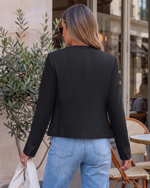 GRAPENT Cropped Blazers for Women Business Casual Collarless Blazer Jackets Collarless Round Neck, Long Sleeve, Crop Length, Shoulder Pads, Button-Front, Casual Suit Jacket, Dressy Casual, Work Office