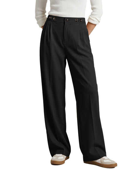 GRAPENT Business Casual Pants for Women Wide Leg Elastic Waist Work Trouser | Straight Wide Leg Dressy Casual Pants, High Waisted, Elastic Back Waist, Front Pleated, Cinched Waist, Work Office Outfits