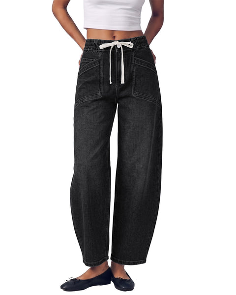 GRAPENT Barrel Jeans for Women High Waisted Elastic Waist Baggy Denim Pants | Barrel Leg, Ankle Length, Stretchy Drawstring Jeans, High Rise Fit, 27.5" Inseam, Front Patch Pockets, Dressy Casual Outfits