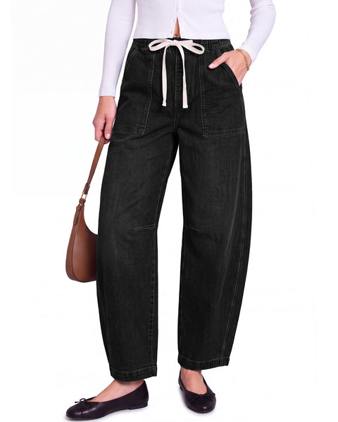 GRAPENT Jeans for Women Baggy Barrel Elastic Waist Stretchy Denim Pants | Barrel Wide Leg Jean Pants, High Waisted, Drawstring, Pull On, Ankle Length, 27.5" Inseam, Side Seams, Dressy Casual Outfits