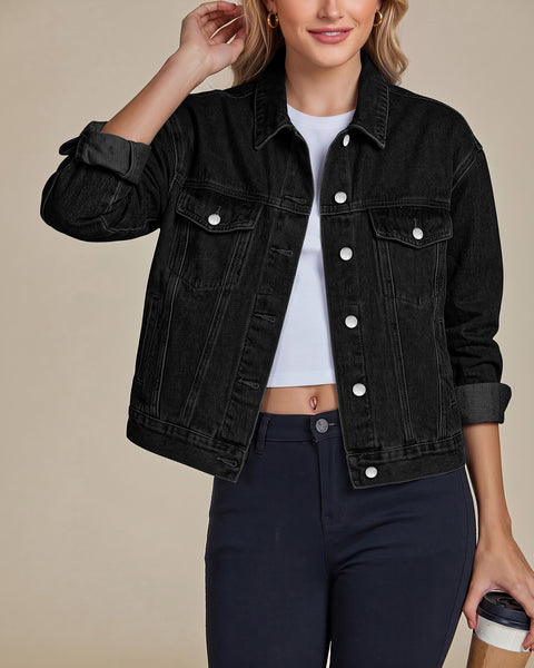 GRAPENT Jean Jacket Women Trendy Button Up Classic Oversized Denim Jackets Loose Fit, Side Seam Tabs for Adjustable Fit, Functional Pockets, Denim Trucker Jackets, Work Casual Oufits, Weekend Outings
