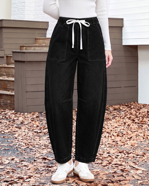 GRAPENT Jeans for Women Baggy Barrel Elastic Waist Stretchy Denim Pants | Barrel Wide Leg Jean Pants, High Waisted, Drawstring, Pull On, Ankle Length, 27.5" Inseam, Side Seams, Dressy Casual Outfits