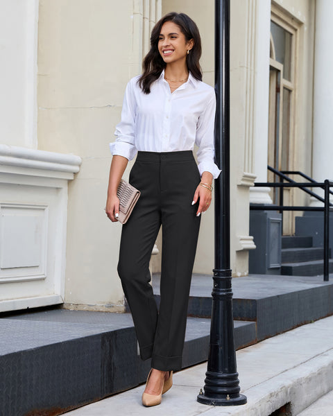 GRAPENT Dress Pants Women Ankle Straight Leg Business Casual Work Trousers Office Pants, Cuffed Hem, High Waisted, Elastic Back Waist, Stretchy Dressy Casual Slacks, Work Wear, Business Casual Outfits