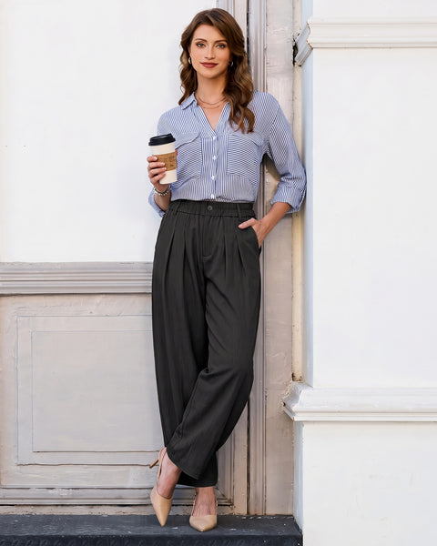 GRAPENT Dress Barrel Pants Women High Waisted Tapered Ankle Work Trousers Elastic Waist with Button-zip Closure, Pleated, 27" Inseam, 4 Pockets, Slacks for Women Business Casual, Work Office Outfits
