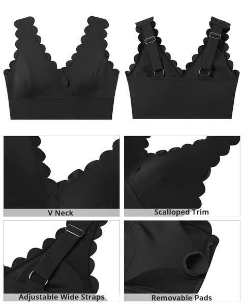 GRAPENT StrapCore Bikini Tops for Women Scalloped Bathing Suit Beach Padded Adjustable Cropped Tankini Swimwear Swim Top Only