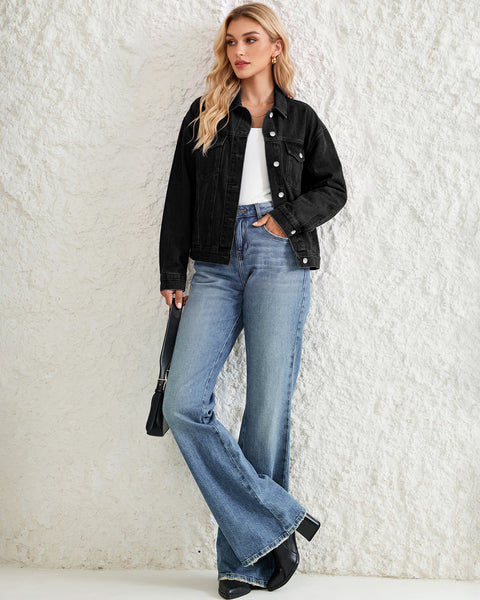 GRAPENT Jean Jacket Women Trendy Button Up Classic Oversized Denim Jackets Loose Fit, Side Seam Tabs for Adjustable Fit, Functional Pockets, Denim Trucker Jackets, Work Casual Oufits, Weekend Outings