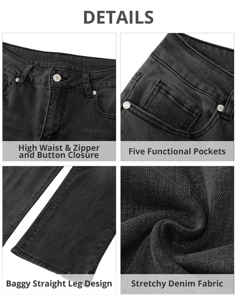 GRAPENT Jeans for Women Trendy High Waisted Baggy Straight Leg Stretchy Denim Ankle Pants Cropped Jeans with Pockets