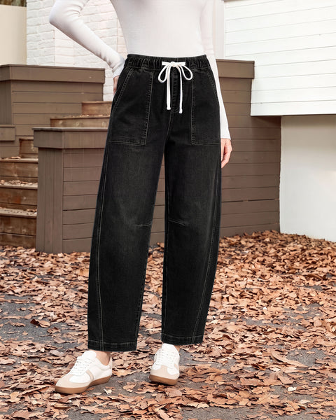 GRAPENT Jeans for Women Baggy Barrel Elastic Waist Stretchy Denim Pants | Barrel Wide Leg Jean Pants, High Waisted, Drawstring, Pull On, Ankle Length, 27.5" Inseam, Side Seams, Dressy Casual Outfits