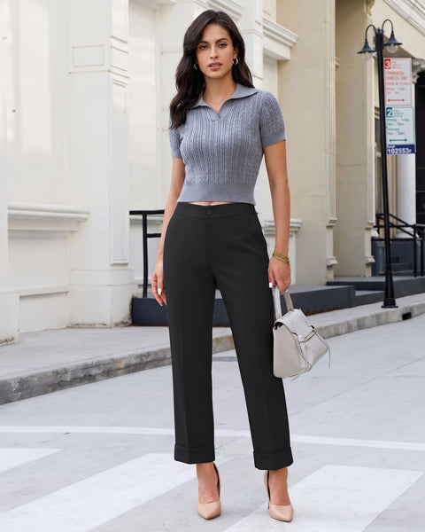 GRAPENT Dress Pants Women Ankle Straight Leg Business Casual Work Trousers Office Pants, Cuffed Hem, High Waisted, Elastic Back Waist, Stretchy Dressy Casual Slacks, Work Wear, Business Casual Outfits