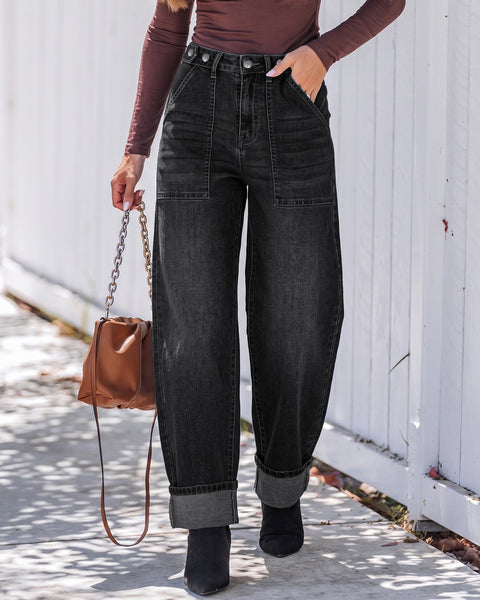 GRAPENT Barrel Jeans Women Cinched High Waisted Cuffed Stretchy Denim Pants Cropped Baggy Wide Leg Jeans, 27 Inch Inseam, Adjustable Cinched Waist, Big Pockets, Work Office Outfits, Casual Daily Wear