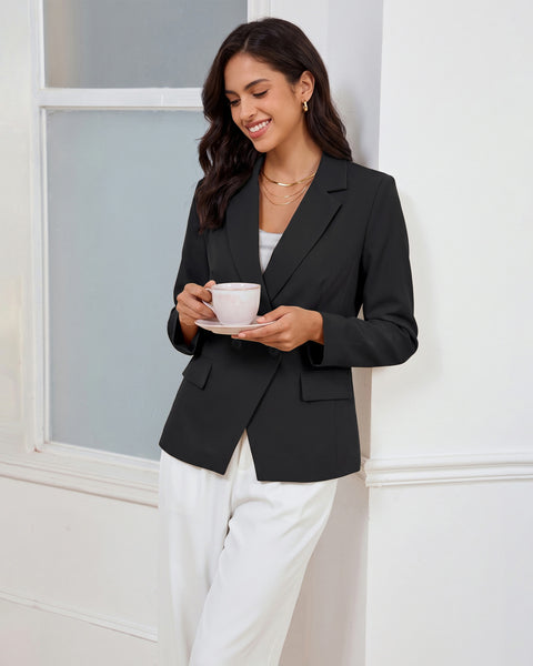 GRAPENT Blazers for Women Business Casual Double Breasted Suit Jackets Notch Collar, Long Sleeves with Button Cuffs, Flap Pockets, Shoulder Pads, Dressy Casual Fitted Outfits, Work Office Wear