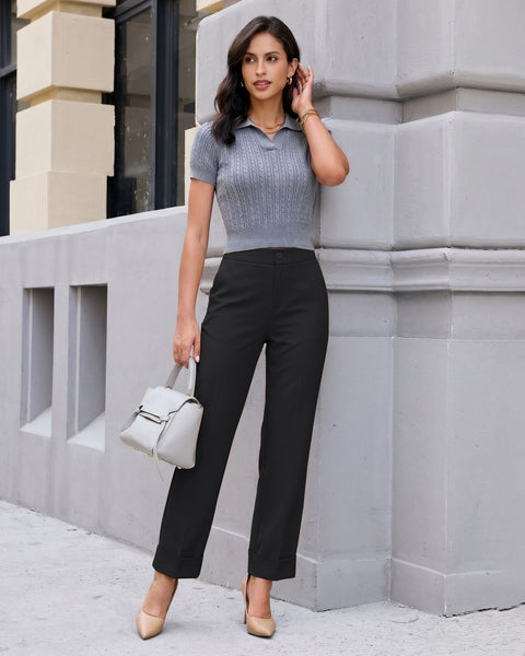 GRAPENT Dress Pants Women Ankle Straight Leg Business Casual Work Trousers Office Pants, Cuffed Hem, High Waisted, Elastic Back Waist, Stretchy Dressy Casual Slacks, Work Wear, Business Casual Outfits
