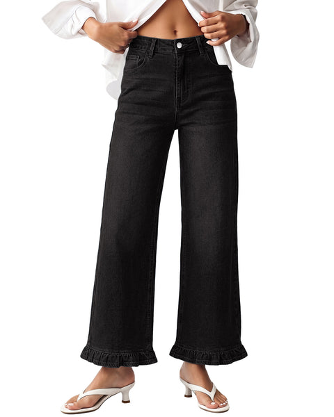GRAPENT Wide Leg Jeans for Women Ruffle Hem High Waisted Ankle Denim Pants | Trendy Baggy Jeans, Stretch Denim, High Rise Fit, Cropped Jean Pants, 27.5 Inch Inseam, Flattering Ruffle Hem, Weekend Casual
