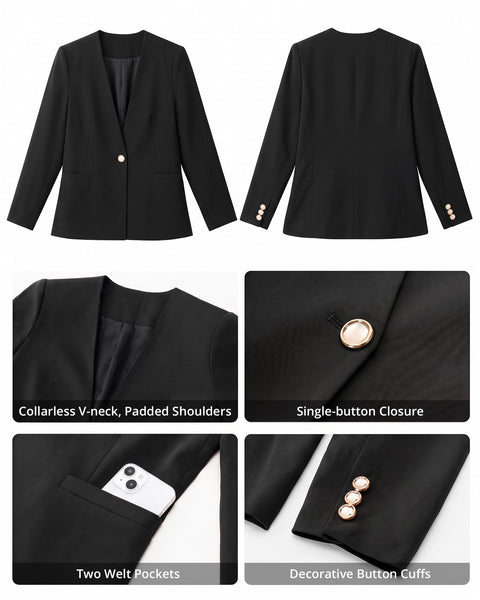GRAPENT Blazers for Women Dressy Casual Collarless Long Sleeves Suit Jacket Blazers for Women Business Casual, Fully Lined, Shoulder Pads, Single Button, Two Pockets, Work Casual Wear, Interview Outfit