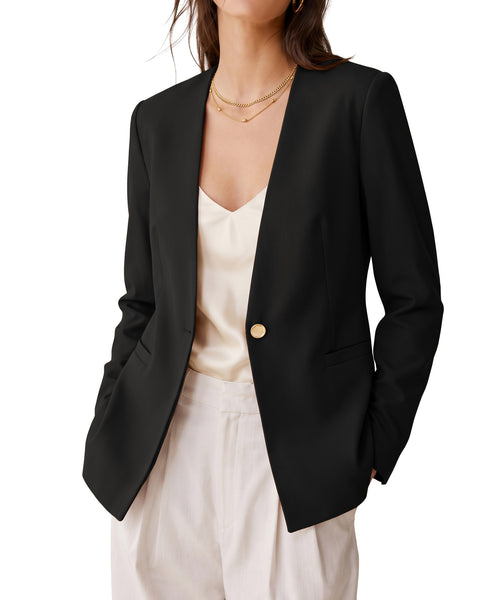 GRAPENT Blazers for Women Dressy Casual Collarless Long Sleeves Suit Jacket Blazers for Women Business Casual, Fully Lined, Shoulder Pads, Single Button, Two Pockets, Work Casual Wear, Interview Outfit