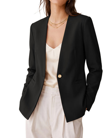 GRAPENT Blazers for Women Dressy Casual Collarless Long Sleeves Suit Jacket Blazers for Women Business Casual, Fully Lined, Shoulder Pads, Single Button, Two Pockets, Work Casual Wear, Interview Outfit