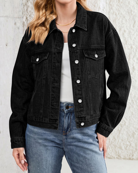 GRAPENT Jean Jacket Women Trendy Button Up Classic Oversized Denim Jackets Loose Fit, Side Seam Tabs for Adjustable Fit, Functional Pockets, Denim Trucker Jackets, Work Casual Oufits, Weekend Outings