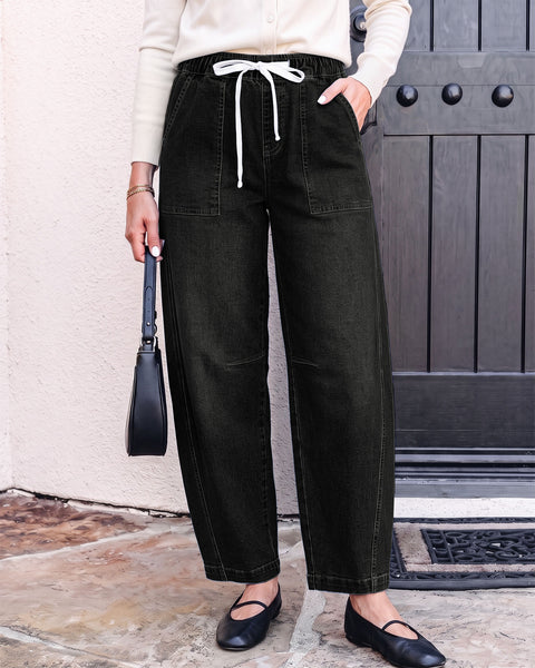 GRAPENT Jeans for Women Baggy Barrel Elastic Waist Stretchy Denim Pants | Barrel Wide Leg Jean Pants, High Waisted, Drawstring, Pull On, Ankle Length, 27.5" Inseam, Side Seams, Dressy Casual Outfits