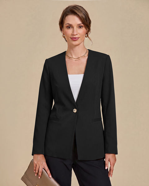 GRAPENT Blazers for Women Dressy Casual Collarless Long Sleeves Suit Jacket Blazers for Women Business Casual, Fully Lined, Shoulder Pads, Single Button, Two Pockets, Work Casual Wear, Interview Outfit