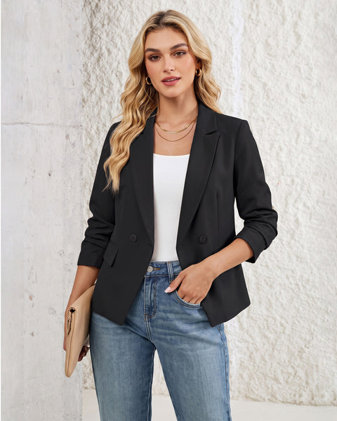 GRAPENT Blazers for Women Business Casual Double Breasted Suit Jackets Notch Collar, Long Sleeves with Button Cuffs, Flap Pockets, Shoulder Pads, Dressy Casual Fitted Outfits, Work Office Wear