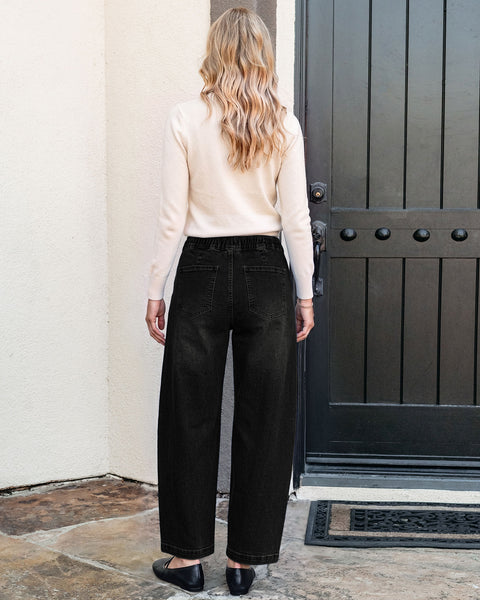 GRAPENT Jeans for Women Baggy Barrel Elastic Waist Stretchy Denim Pants | Barrel Wide Leg Jean Pants, High Waisted, Drawstring, Pull On, Ankle Length, 27.5" Inseam, Side Seams, Dressy Casual Outfits