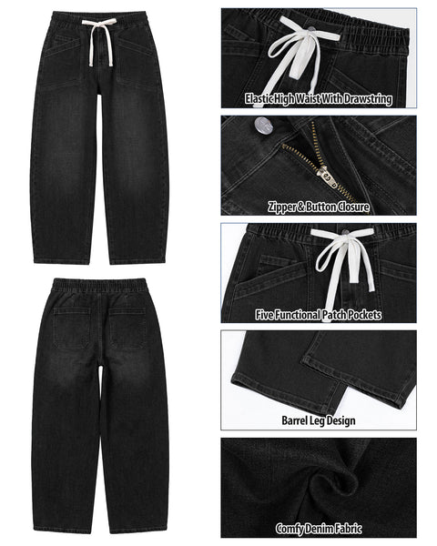 GRAPENT Barrel Jeans for Women High Waisted Elastic Waist Baggy Denim Pants | Barrel Leg, Ankle Length, Stretchy Drawstring Jeans, High Rise Fit, 27.5" Inseam, Front Patch Pockets, Dressy Casual Outfits