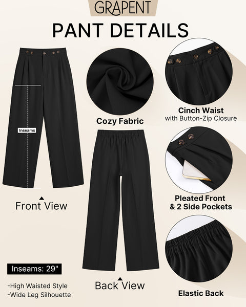 GRAPENT Business Casual Pants for Women Wide Leg Elastic Waist Work Trouser | Straight Wide Leg Dressy Casual Pants, High Waisted, Elastic Back Waist, Front Pleated, Cinched Waist, Work Office Outfits