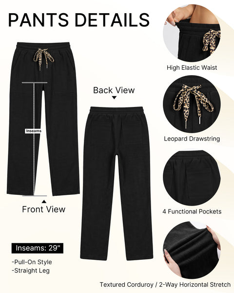 GRAPENT Corduroy Pants Women Straight Leg Leopard Print Drawstring Trousers High Waisted Fit, Elastic Waist with Cheetah Print Drawstring, Easy Pull On Style, Casual Work Pants, Fall Winter Outfits