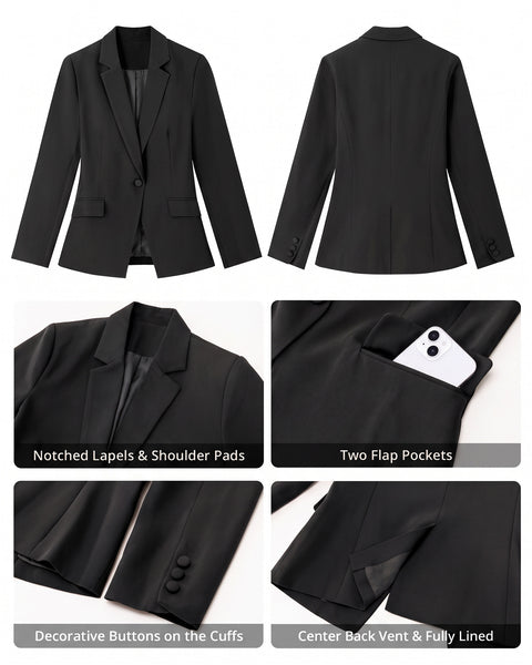 GRAPENT Womens Blazers Dressy Casual Long Sleeve Work Office Suit Jackets Notched Lapel, Shoulder Pads, Single Button, Two Pockets, Open Quarters, Back Slit, Casual Work Wear, Business Casual Outfits