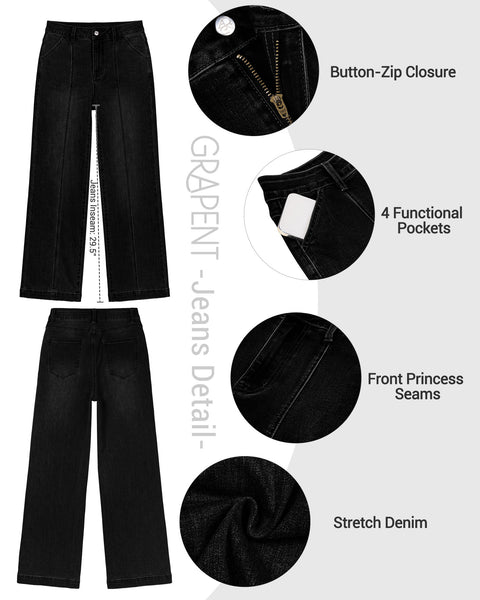 GRAPENT Womens Jeans Straight Leg High Rise Front Seam Stretch Denim Pants | Straight Wide Leg Jeans for Women, High Waisted, 29.5" Inseam, 4 Pockets, Loose Fit, Work Office Outfit, Casual Daily Wear