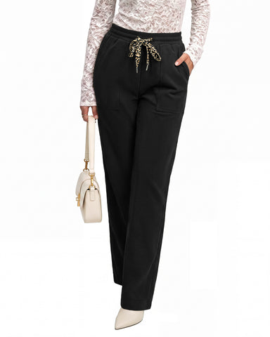 GRAPENT Corduroy Pants Women Straight Leg Leopard Print Drawstring Trousers High Waisted Fit, Elastic Waist with Cheetah Print Drawstring, Easy Pull On Style, Casual Work Pants, Fall Winter Outfits