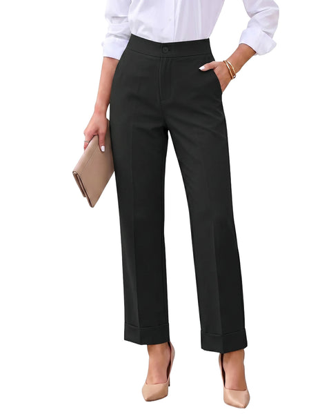 GRAPENT Dress Pants Women Ankle Straight Leg Business Casual Work Trousers Office Pants, Cuffed Hem, High Waisted, Elastic Back Waist, Stretchy Dressy Casual Slacks, Work Wear, Business Casual Outfits