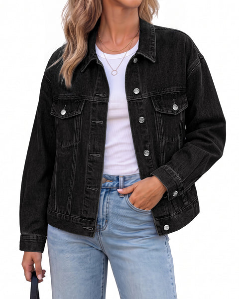GRAPENT Jean Jacket Women Trendy Button Up Classic Oversized Denim Jackets Loose Fit, Side Seam Tabs for Adjustable Fit, Functional Pockets, Denim Trucker Jackets, Work Casual Oufits, Weekend Outings