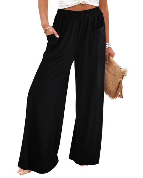 GRAPENT Wide Leg Pants for Women High Wasited Baggy Palazzo Pants Casual Pull On Bell Bottom Smocked Elastic Waist Pants