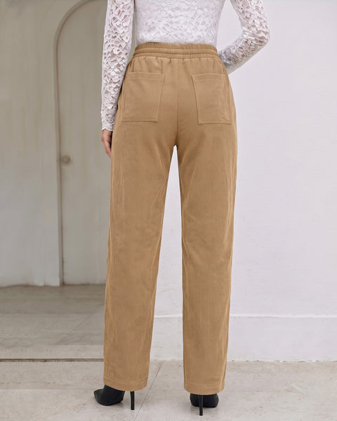GRAPENT Corduroy Pants Women Straight Leg Leopard Print Drawstring Trousers High Waisted Fit, Elastic Waist with Cheetah Print Drawstring, Easy Pull On Style, Casual Work Pants, Fall Winter Outfits