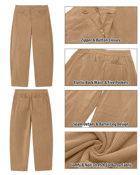GRAPENT Corduroy Pants Women Barrel Elastic Waist Ankle Work Casual Trouser High Waisted Fit, Barrel Leg, Ankle Length, 27.5" Inseam, Functional Pockets, Fall Winter Pants, Dressy Casual Outfits