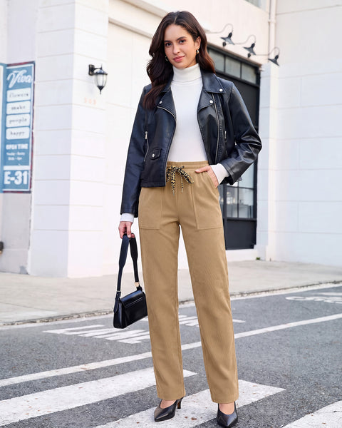 GRAPENT Corduroy Pants Women Straight Leg Leopard Print Drawstring Trousers High Waisted Fit, Elastic Waist with Cheetah Print Drawstring, Easy Pull On Style, Casual Work Pants, Fall Winter Outfits