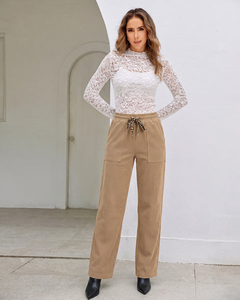 GRAPENT Corduroy Pants Women Straight Leg Leopard Print Drawstring Trousers High Waisted Fit, Elastic Waist with Cheetah Print Drawstring, Easy Pull On Style, Casual Work Pants, Fall Winter Outfits