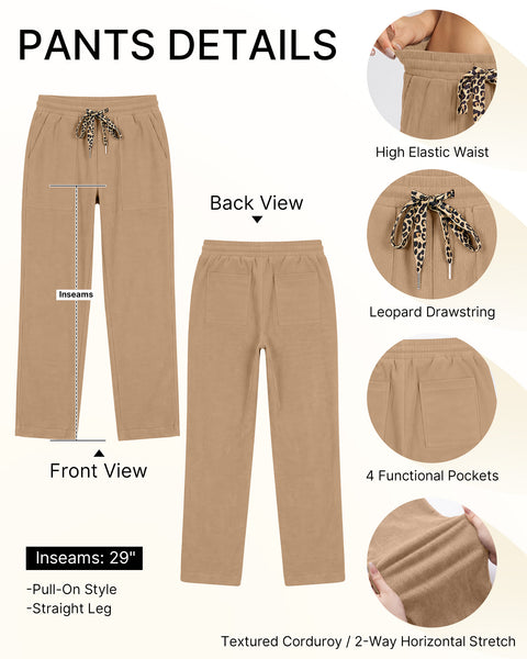GRAPENT Corduroy Pants Women Straight Leg Leopard Print Drawstring Trousers High Waisted Fit, Elastic Waist with Cheetah Print Drawstring, Easy Pull On Style, Casual Work Pants, Fall Winter Outfits