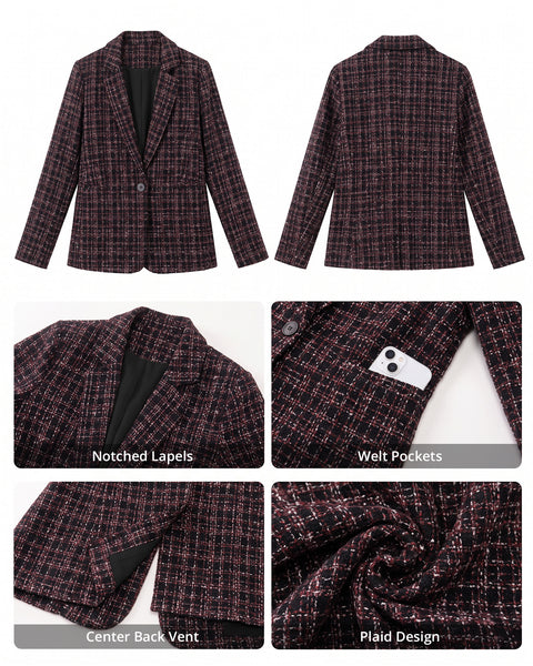 GRAPENT Tweed Blazers for Women Plaid Jacket Long Sleeve Work Casual Blazer | Notched Lapel, Fully Lined, Shoulder Pads, Single Button, 2 Pockets, Interview, Office outfits, Business Casual Blazers