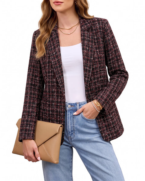 GRAPENT Tweed Blazers for Women Plaid Jacket Long Sleeve Work Casual Blazer | Notched Lapel, Fully Lined, Shoulder Pads, Single Button, 2 Pockets, Interview, Office outfits, Business Casual Blazers