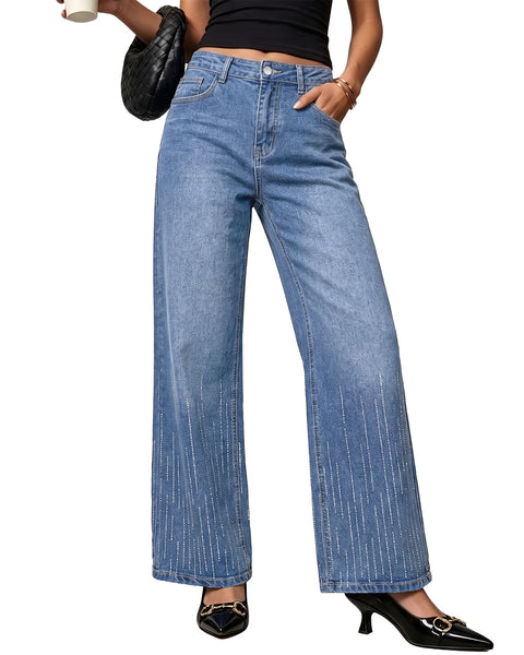 GRAPENT Rhinestone Jeans for Women High Waist Wide Leg Sparkly Denim Pants Womens Jeans Stretchy, High Rise Fit, Full Length, 29.5" Inseam, Embellished Rhinestone, Country Concert, Dressy Casual Wear