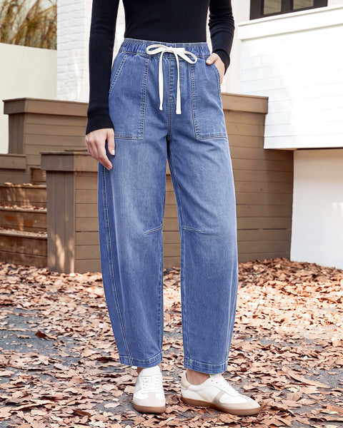 GRAPENT Jeans for Women Baggy Barrel Elastic Waist Stretchy Denim Pants | Barrel Wide Leg Jean Pants, High Waisted, Drawstring, Pull On, Ankle Length, 27.5" Inseam, Side Seams, Dressy Casual Outfits