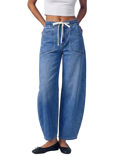 GRAPENT Barrel Jeans for Women High Waisted Elastic Waist Baggy Denim Pants | Barrel Leg, Ankle Length, Stretchy Drawstring Jeans, High Rise Fit, 27.5" Inseam, Front Patch Pockets, Dressy Casual Outfits