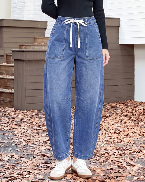 GRAPENT Jeans for Women Baggy Barrel Elastic Waist Stretchy Denim Pants | Barrel Wide Leg Jean Pants, High Waisted, Drawstring, Pull On, Ankle Length, 27.5" Inseam, Side Seams, Dressy Casual Outfits