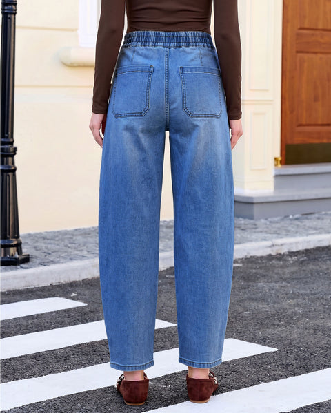 GRAPENT Barrel Jeans for Women High Waisted Elastic Waist Baggy Denim Pants | Barrel Leg, Ankle Length, Stretchy Drawstring Jeans, High Rise Fit, 27.5" Inseam, Front Patch Pockets, Dressy Casual Outfits