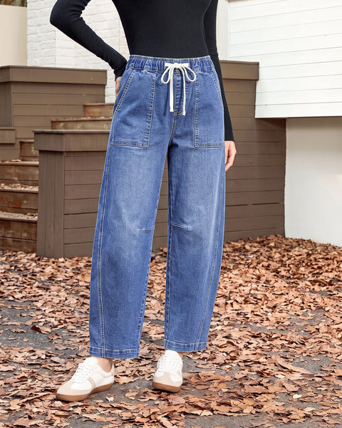 GRAPENT Jeans for Women Baggy Barrel Elastic Waist Stretchy Denim Pants | Barrel Wide Leg Jean Pants, High Waisted, Drawstring, Pull On, Ankle Length, 27.5" Inseam, Side Seams, Dressy Casual Outfits